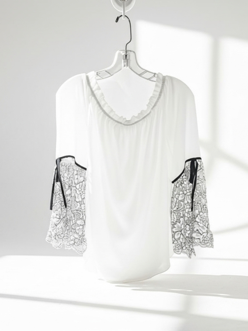 WHBM  Delicate White Blouse with Black Whimsical Lace Bell Sleeves Womens Size L